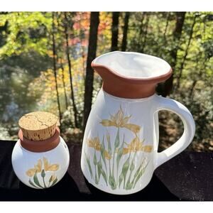 2 Vintage Emerson Creek Pottery Red Clay Jar & Vase Yellow Irises Hand-Painted